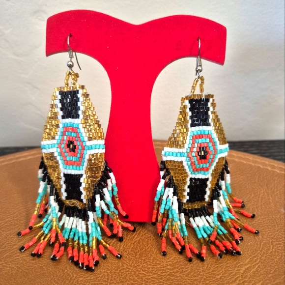 Big Beaded Fringe Earrings in Gold and Multicolor - Picture 1 of 2